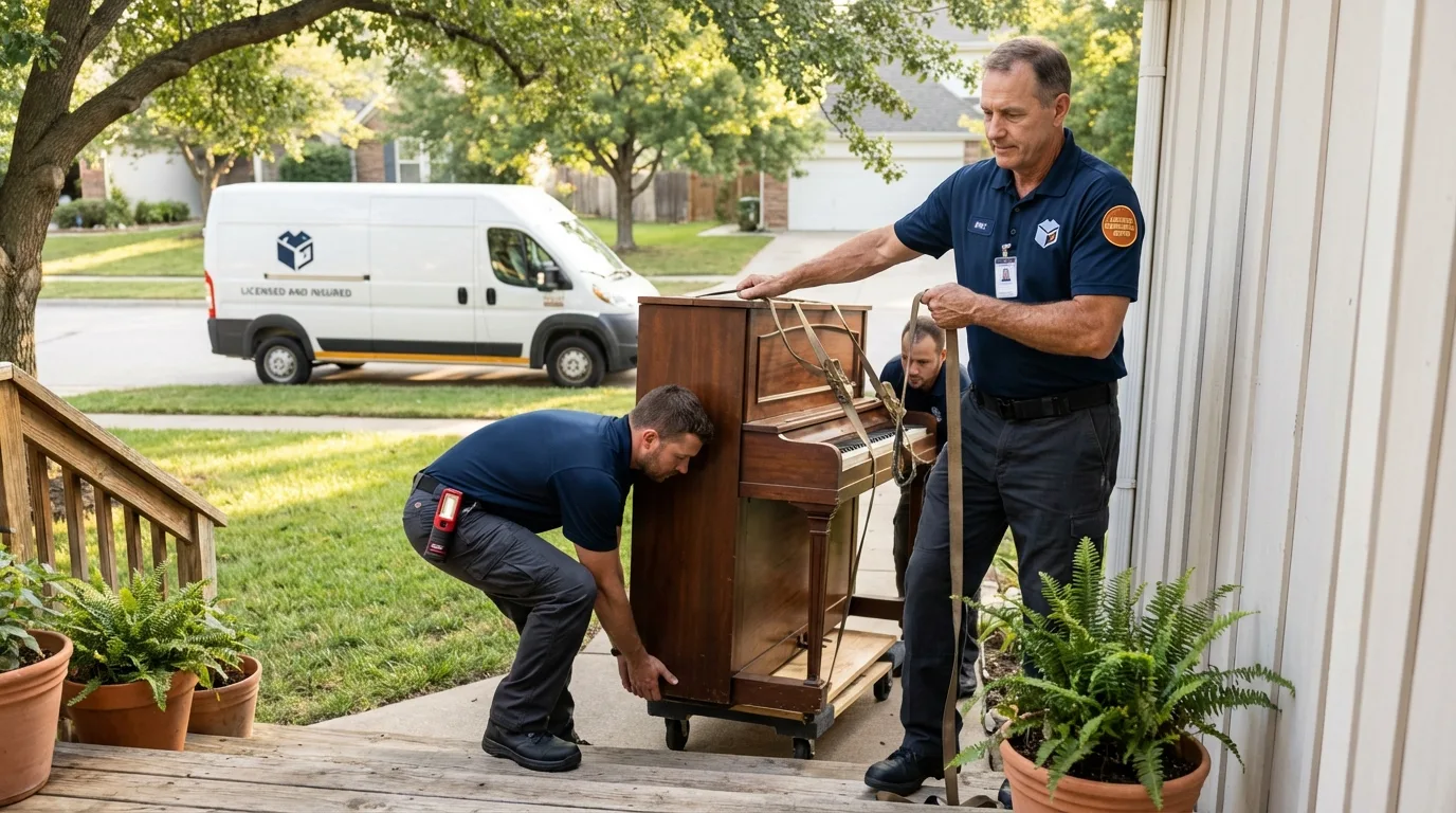 Licensed piano movers securing grand piano in Bayard, NM
