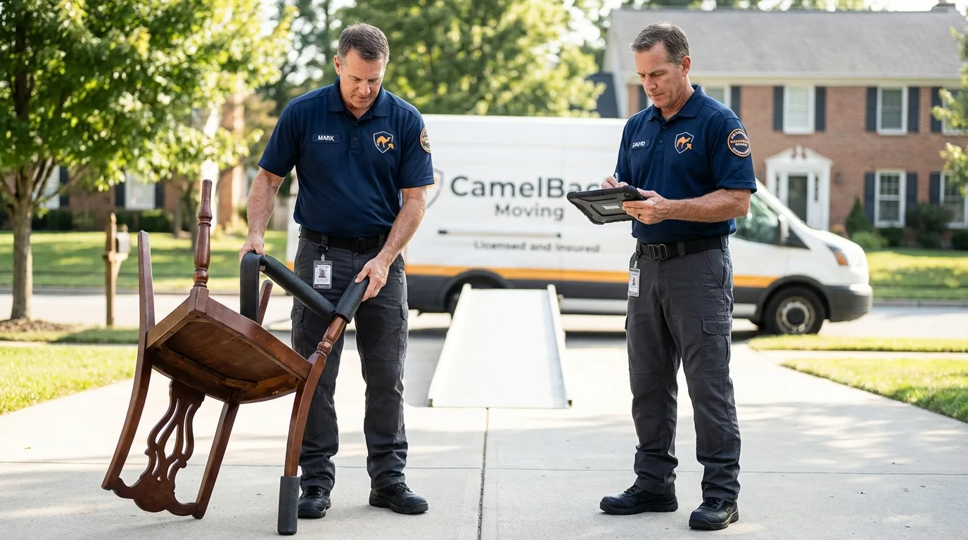 Movers inspecting furniture for damage prevention before loading in Bayard, NM