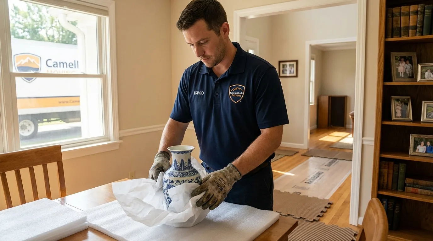 Professional crew carefully wrapping antique vase for senior downsizing move in Bayard, NM